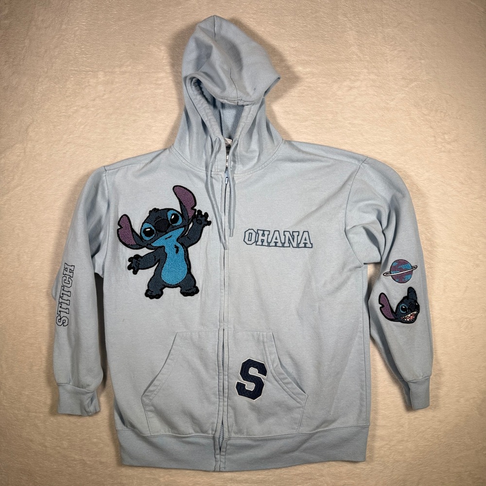 Disney Stitch Ohana Zip Up Hoodie Light Blue Size L Cotton Blend Graphic Mens